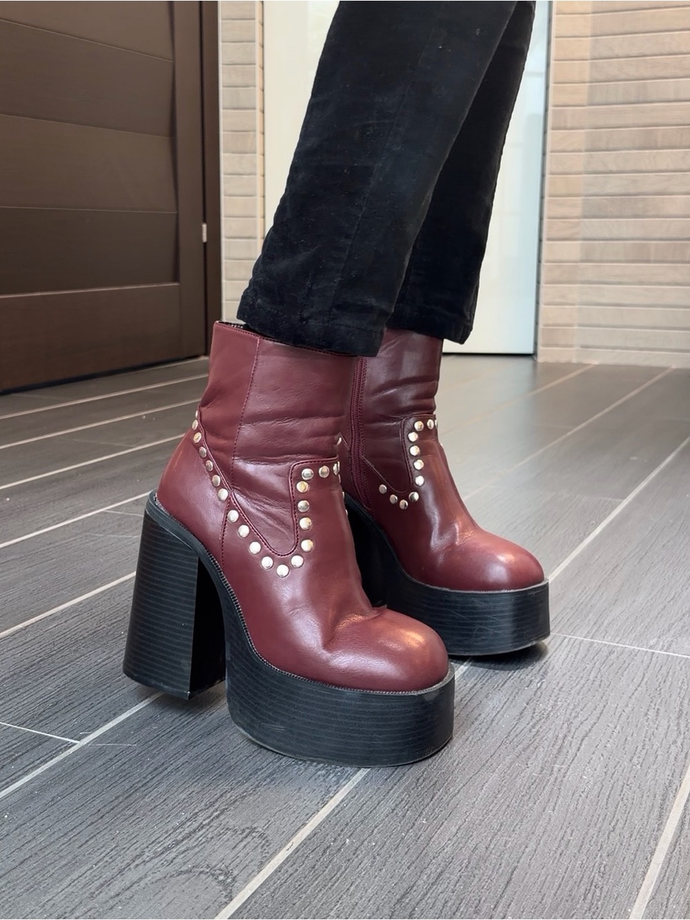 Urban Outfitters Burgundy Platform Studded Ankle Booties